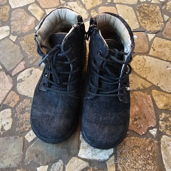 AKID Kids Black Denim Pearly Studded Boots Lace-Up & Side Zipper Size 10C - Picture 8 of 10